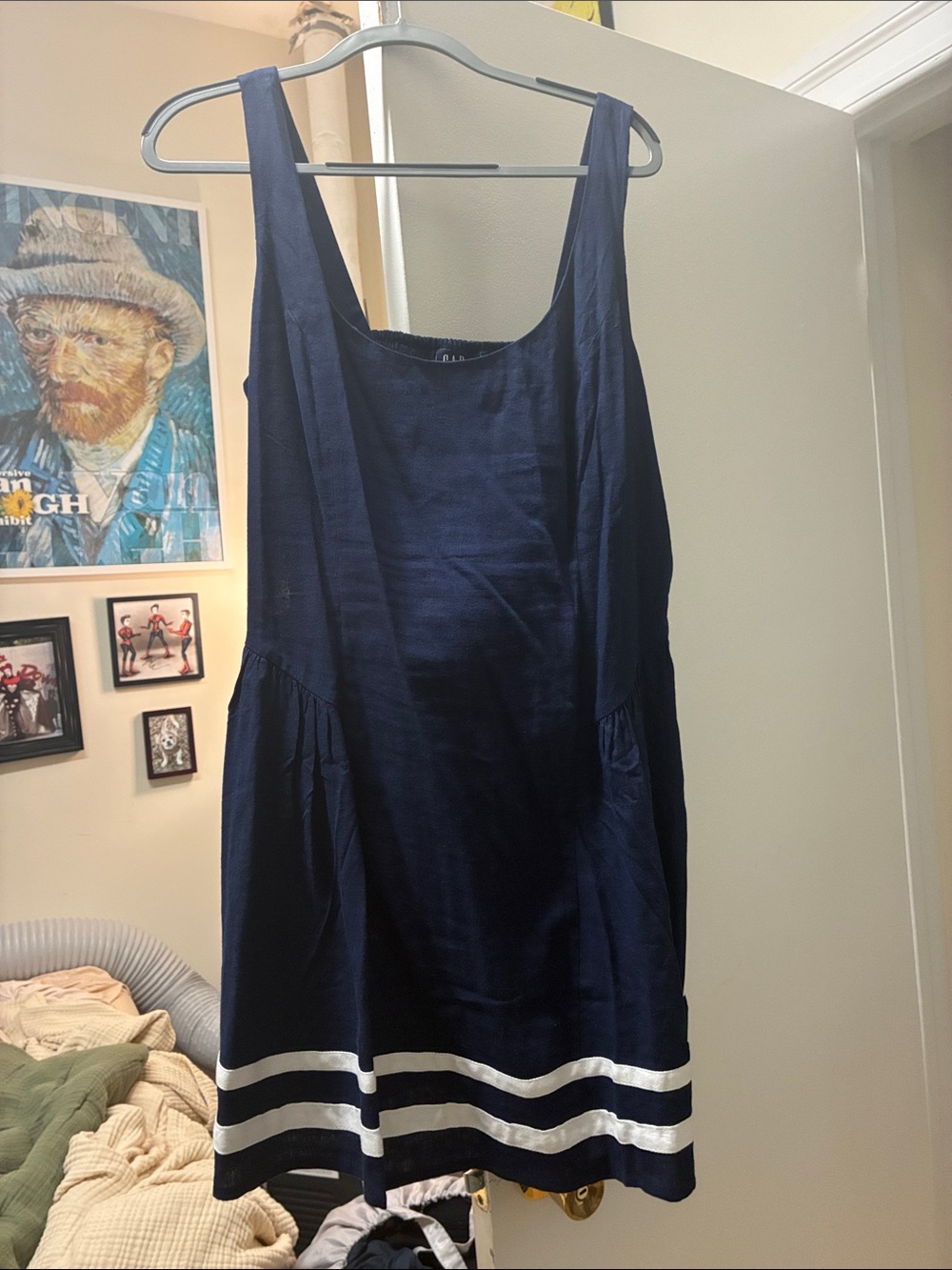 GAP Navy Blue Sleeveless Linen Dress with White Stripes